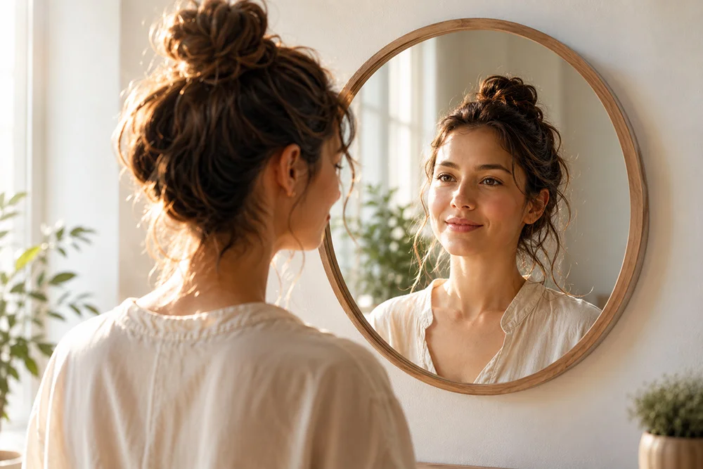 Une personne se découvre progressivement dans un miroir